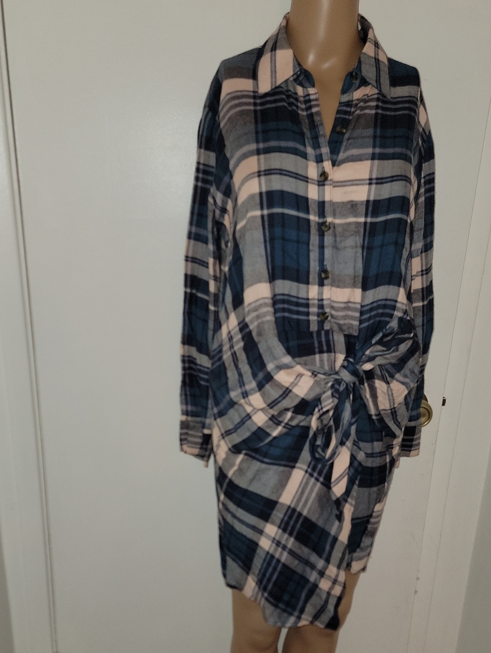 Socialite Navy and Cream Plaid Tie-Front Shirt Dress